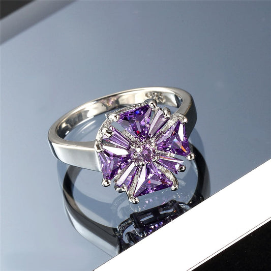 Purple Crystal and Silver-Plated Flower Ring, silver statement rings for women, vintage-inspired design, side view