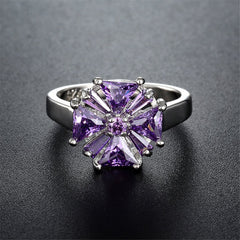 Purple Crystal & Silver-Plated Flower Ring