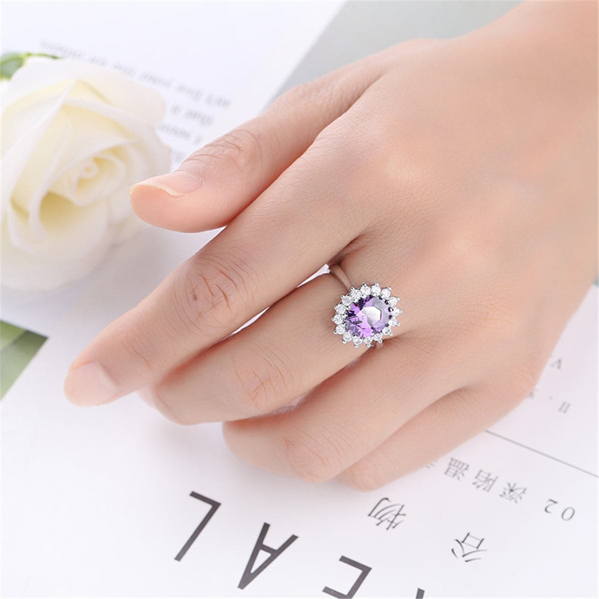 Purple Crystal and Silver-Plated Flower Ring, silver statement rings for women, everyday style, styled look