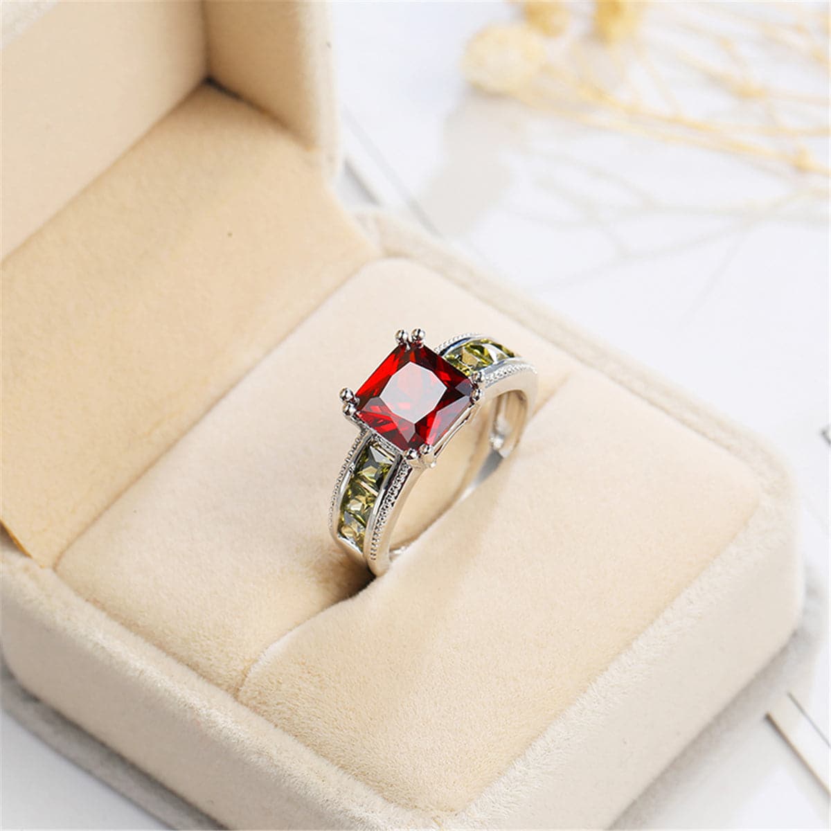 Red and Olive Green Crystal and Silver-Plated Princess-Cut Ring, silver statement rings for women, styled look