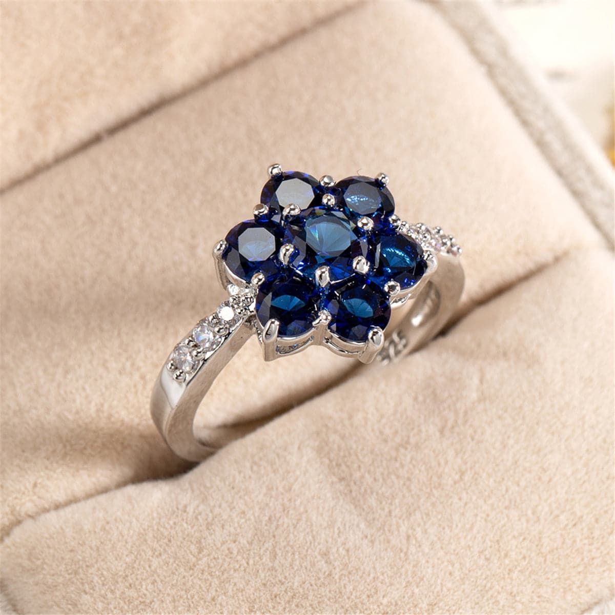 Navy Crystal and Cubic Zirconia Flower Ring, statement rings for women, everyday style, styled look
