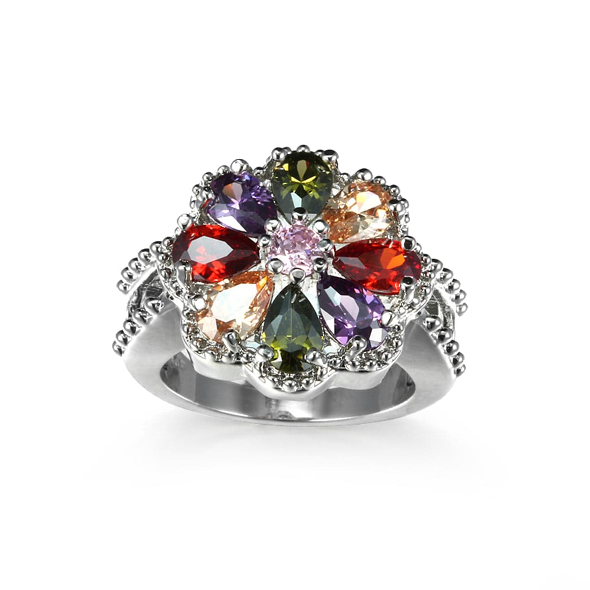 Red and Purple Crystal Flower Ring, statement rings for women, everyday style, side view
