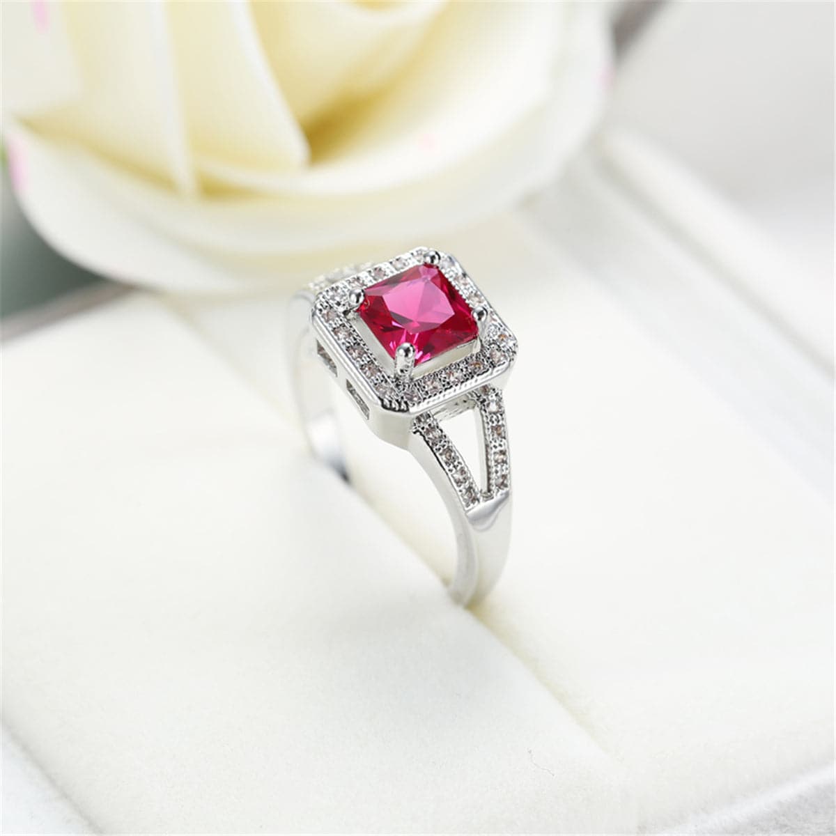 Red Cubic Zirconia and Crystal Halo Cushion-Cut Ring, statement rings for women, dainty minimalist design, lifestyle look