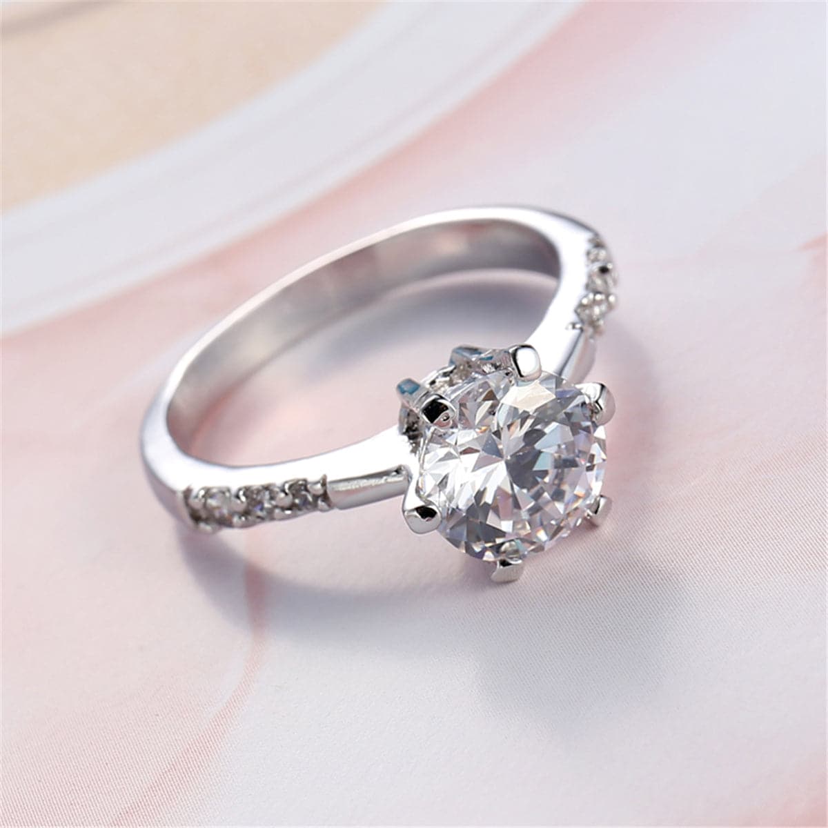 Crystal and Cubic Zirconia Silver-Plated Round-Cut Prong Ring, silver statement rings for women, detail close-up