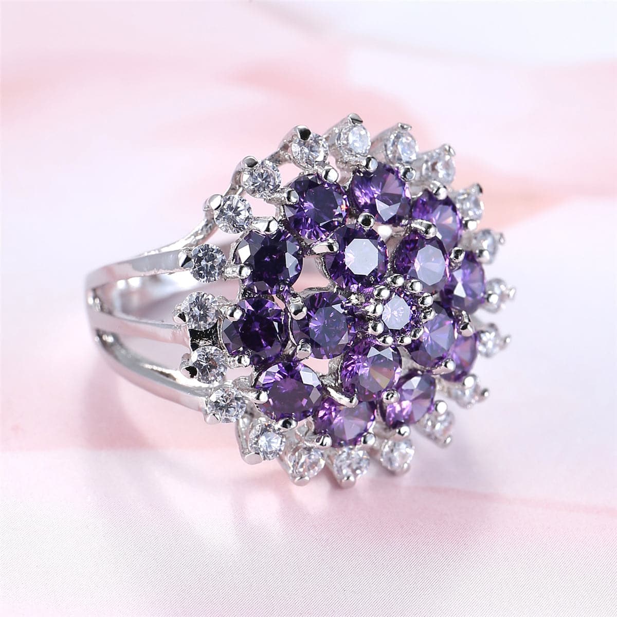 Purple Crystal and Cubic Zirconia Sunflower Ring, statement rings for women, elegant gift for her, styled look