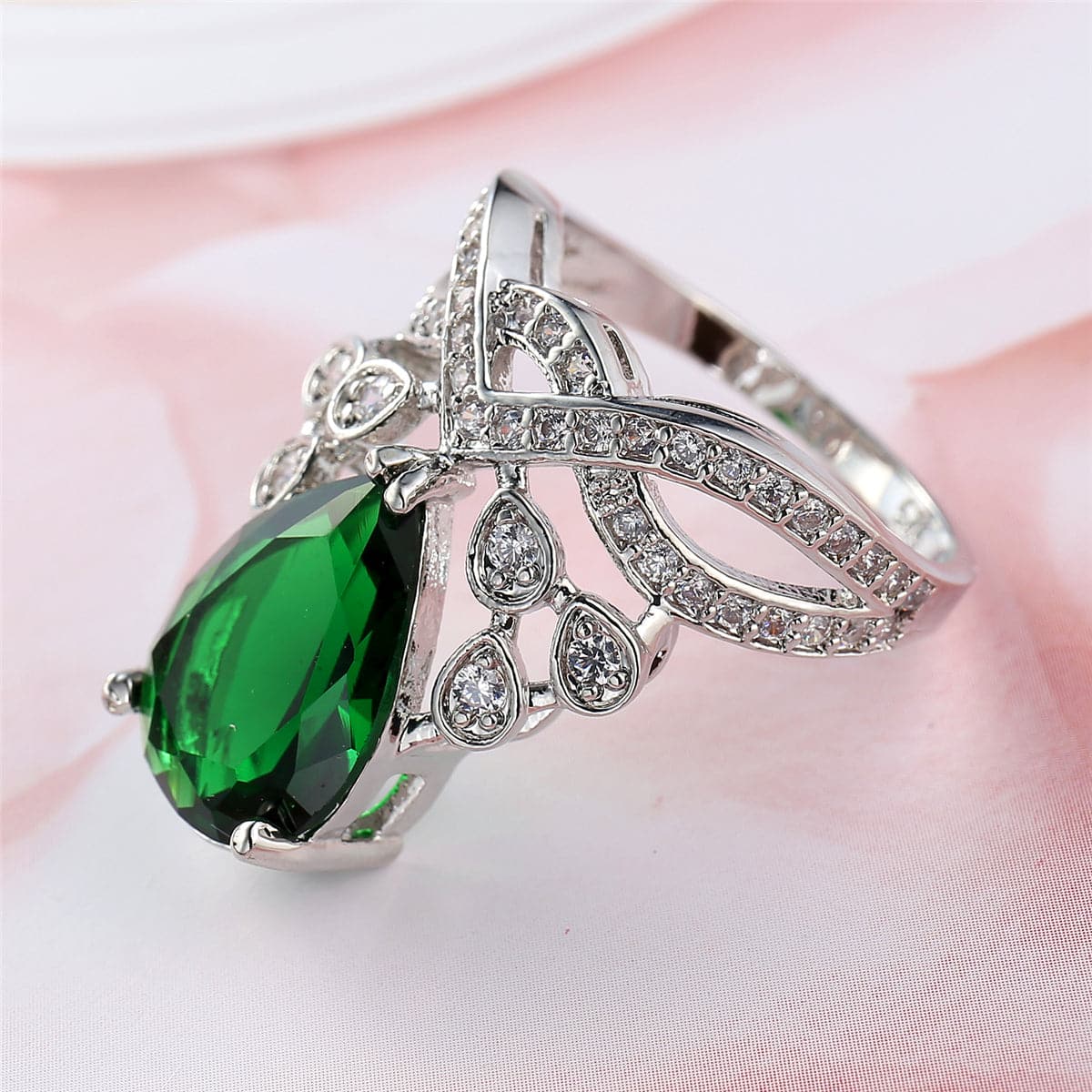Green Crystal and Cubic Zirconia Botanical Pear-Cut Ring, statement rings for women, detail close-up