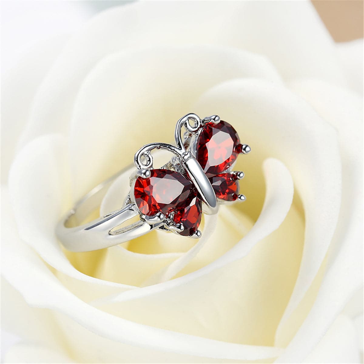 Red Crystal and Silver-Plated Butterfly Ring, silver statement rings for women, elegant gift for her, styled look