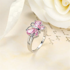 Pink Crystal & Silver-Plated Butterfly Ring