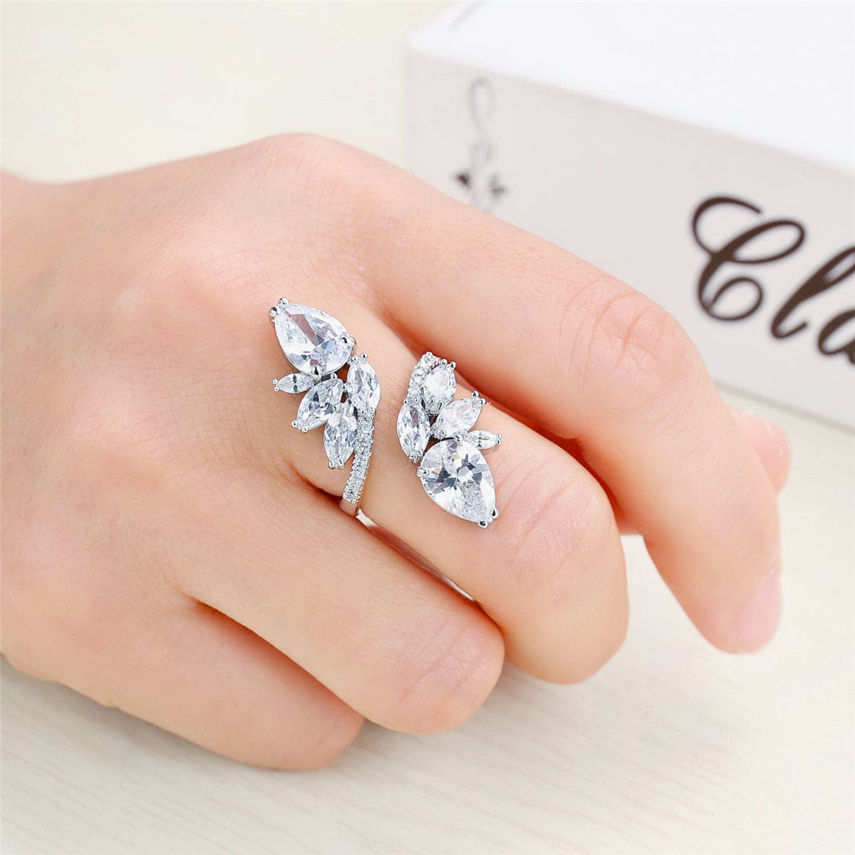 Crystal and Cubic Zirconia Silver-Plated Botany Marquise-Cut Open Ring, silver statement rings for women, styled look