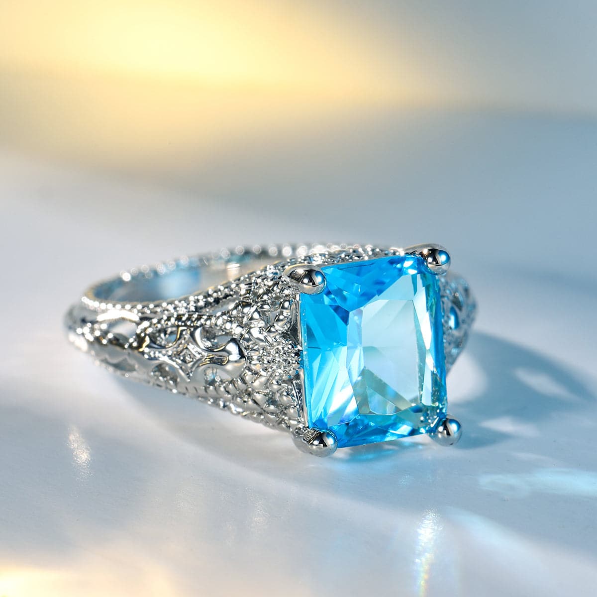 Sea Blue Crystal and Silver-Plated Cushion-Cut Milgrain Ring, silver statement rings for women, styled look