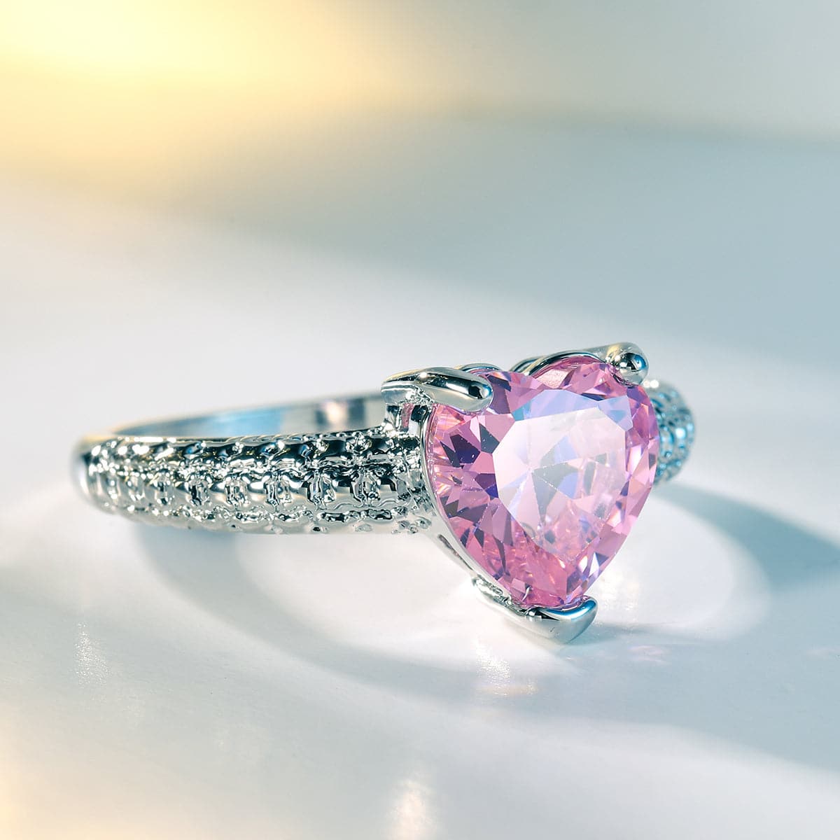 Pink Crystal and Silver-Plated Heart Ring, silver statement rings for women, vintage-inspired design, styled look