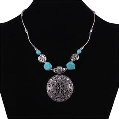 Turquoise & Silver-Plated Floral Plate Pendant Necklace