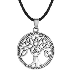 Black & Silver-Plated Openwork Round Tree Of Life Pendant Necklace