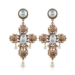 Pearl & 18K Gold-Plated Cross Drop Earrings