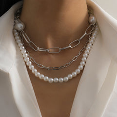 Pearl & Silver-Plated Figaro Chain Necklace Set