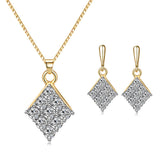 Cubic Zirconia & Two-Tone Rhombus Earring & Pendant Necklace