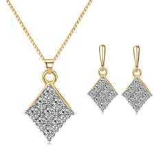 Cubic Zirconia & Two-Tone Rhombus Earring & Pendant Necklace