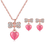 Cats Eye & Cubic Zirconia Bow Heart Drop Earrings & Pendant Necklace