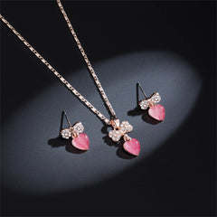 Cats Eye & Cubic Zirconia Bow Heart Drop Earrings & Pendant Necklace