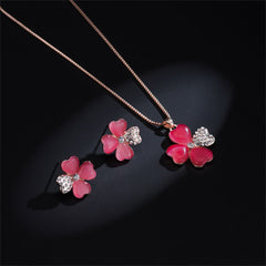 Red Cats Eye & Cubic Zirconia Clover Stud Earrings & Pendant Necklace