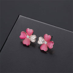 Red Cats Eye & Cubic Zirconia Clover Stud Earrings & Pendant Necklace