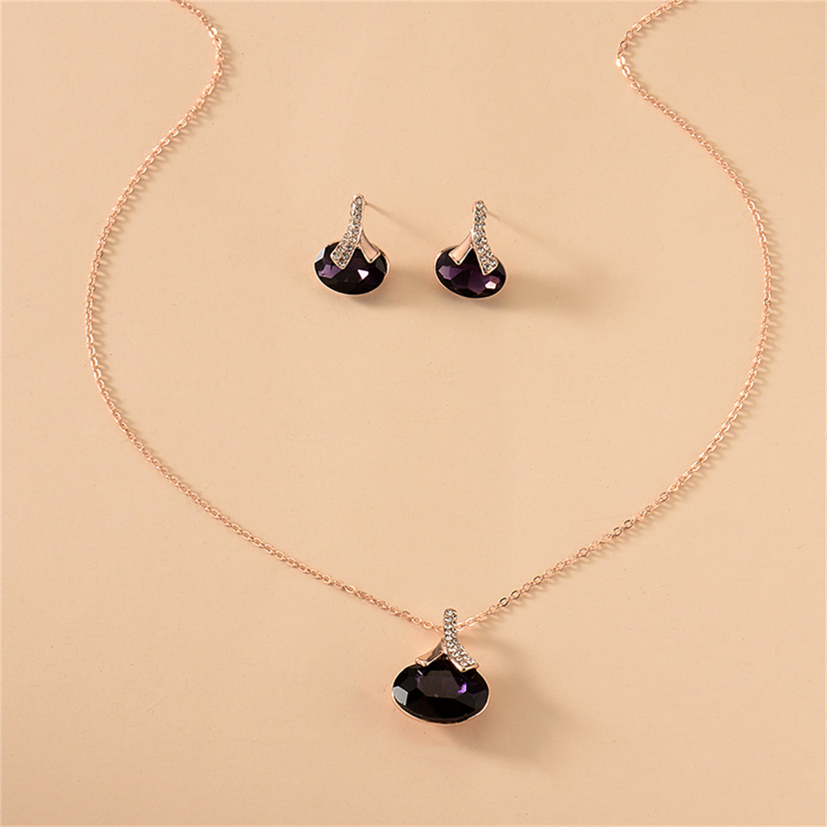 Purple Crystal and Cubic Zirconia Oval Pendant Necklace Set, drop earrings for women, everyday style, lifestyle look