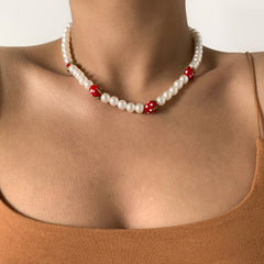 Red Acrylic & Pearl Strawberry Beaded Choker Necklace
