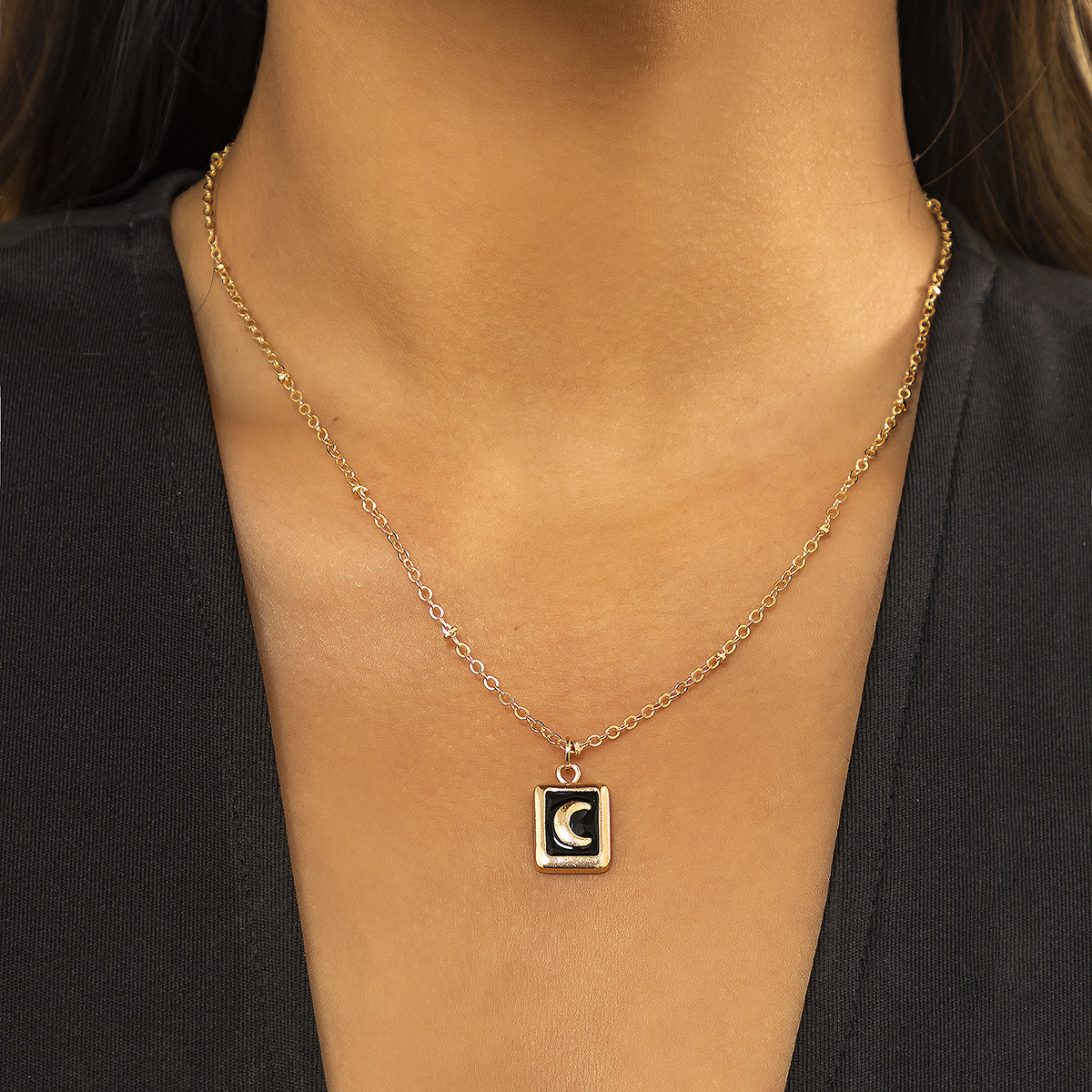 Black Enamel and 18K Gold-Plated Moon Card Pendant Necklace, gold pendant necklace for women, everyday style, styled look