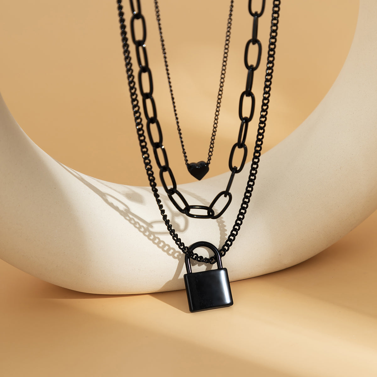 Black Heart and Lock Layered Pendant Necklace, pendant necklace for women, dainty minimalist design, styled look