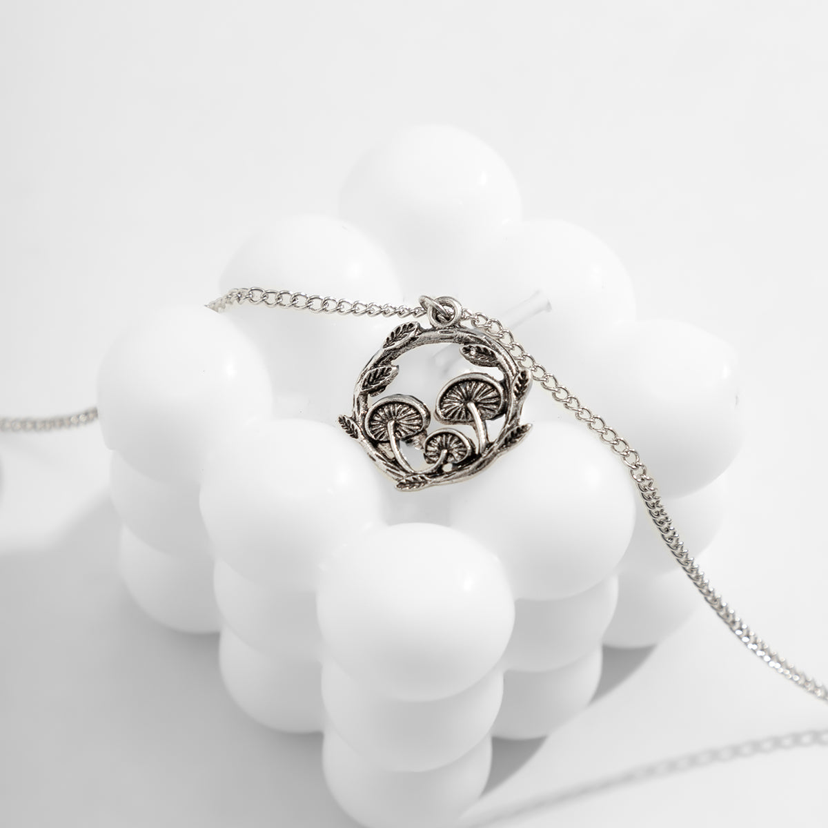 Silver-Plated Mushroom Cluster Pendant Necklace, silver pendant necklace for women, everyday style, styled look