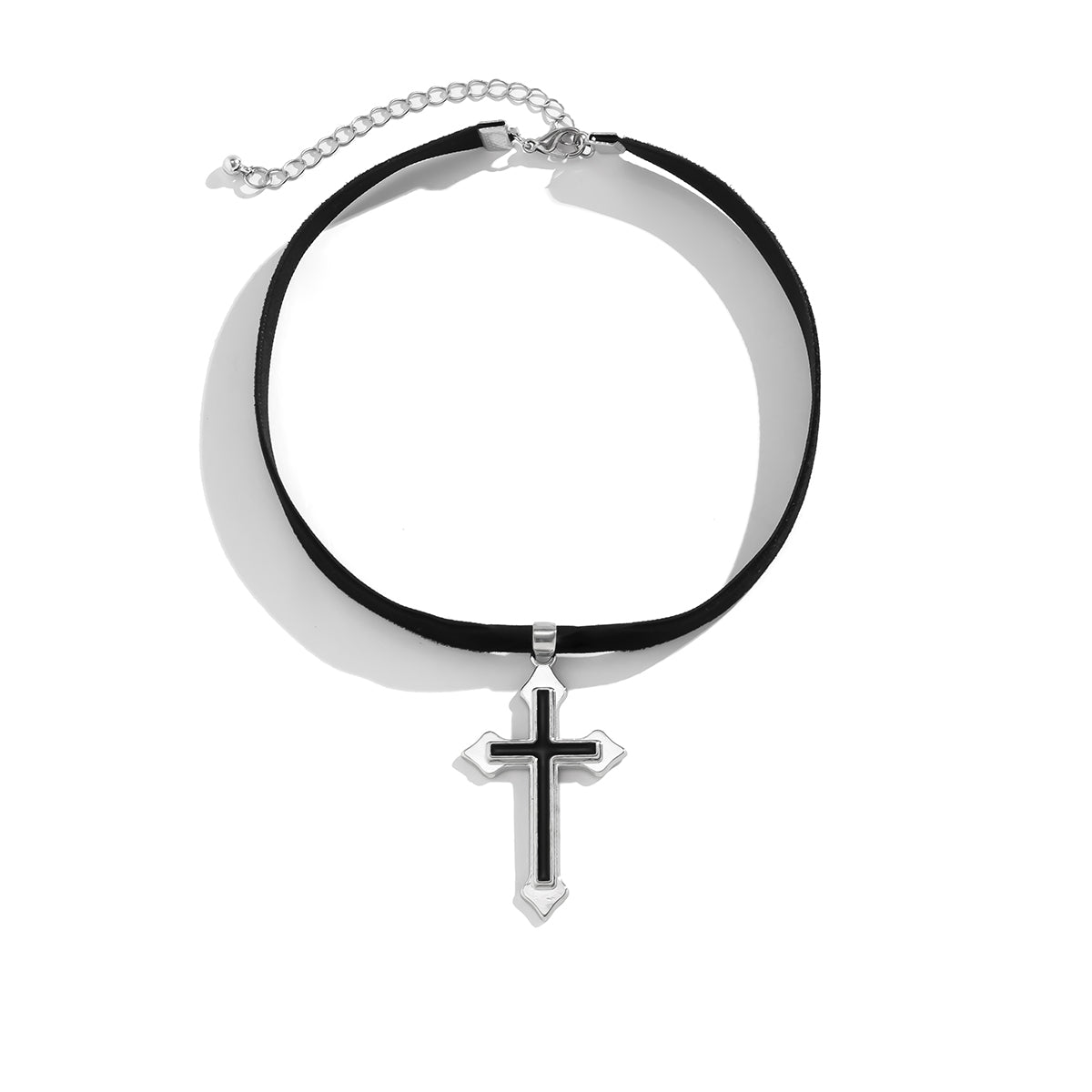 Black Enamel and Silver-Plated Cross Pendant Choker Necklace, chunky silver choker necklace, botanical inspired, styled look