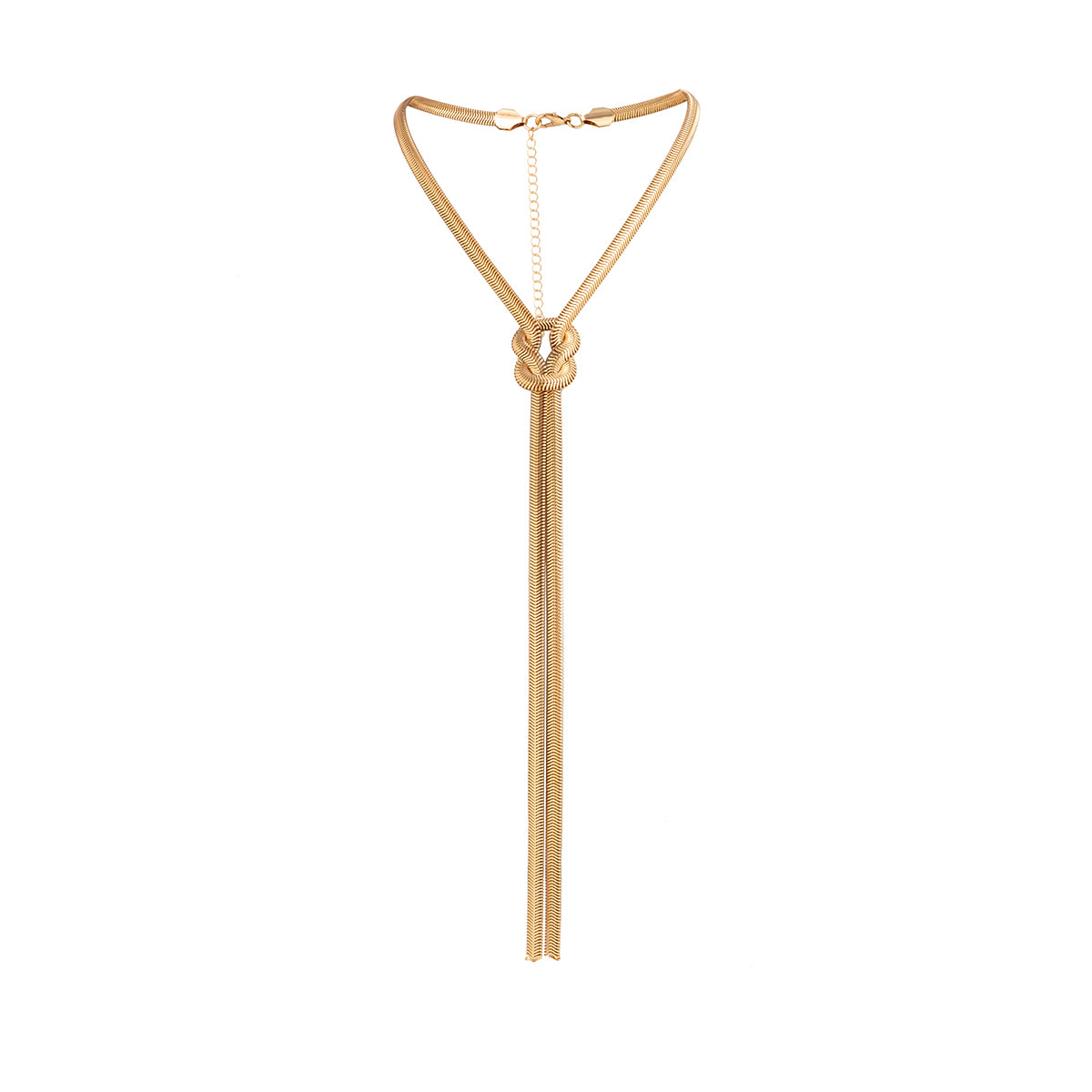18K Gold-Plated Herringbone Chain Knot Lariat Necklace, gold pendant necklace for women, vintage-inspired design, styled look