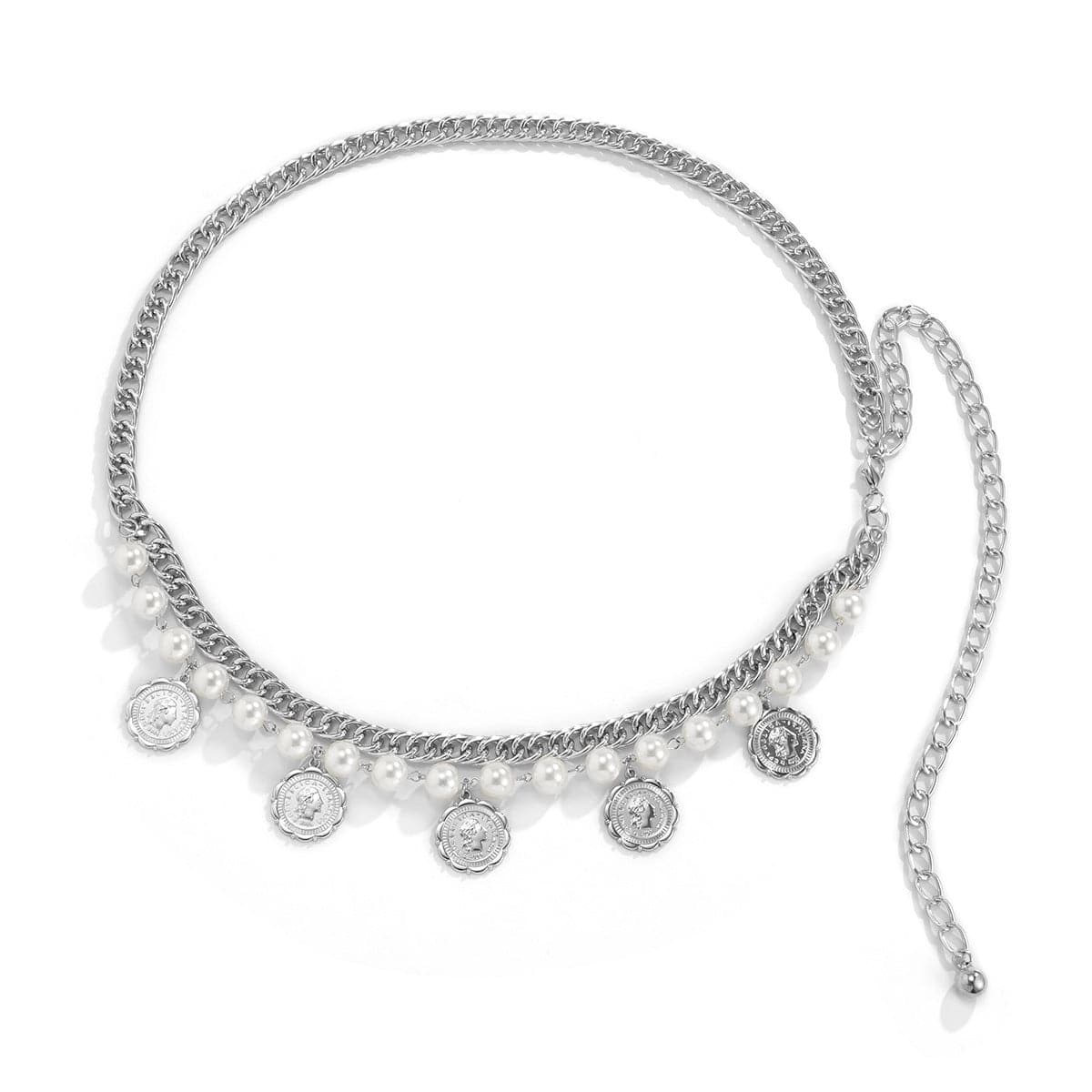 Pearl and Silver-Plated Coin Charm Layered Chain Waist Belt, silver pendant necklace for women, styled look