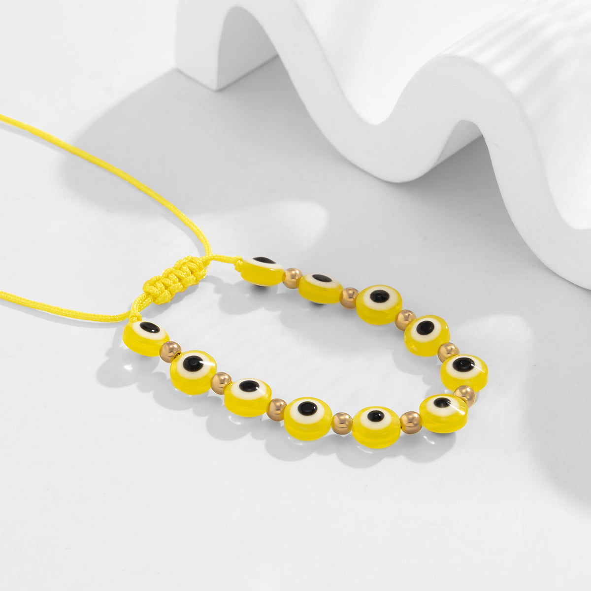 Yellow Polyster and 18K Gold-Plated Eye Beaded Adjustable Bracelet, gold bracelet for women, botanical inspired, styled look