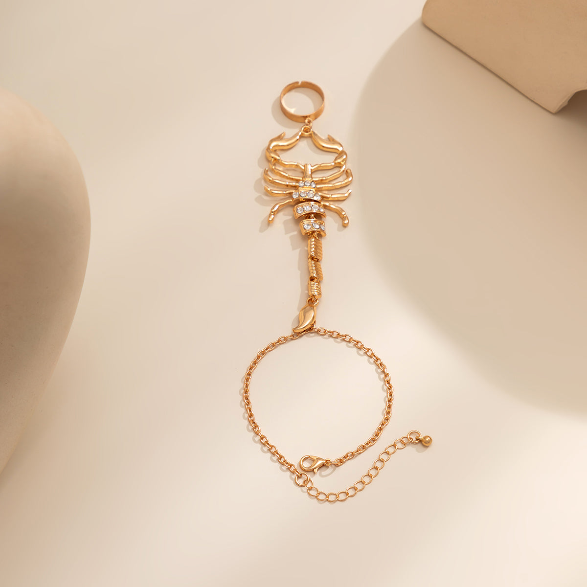 Cubic Zirconia and 18K Gold-Plated Scorpion Wrist-To-Ring Bracelet, gold bracelet for women, styled look