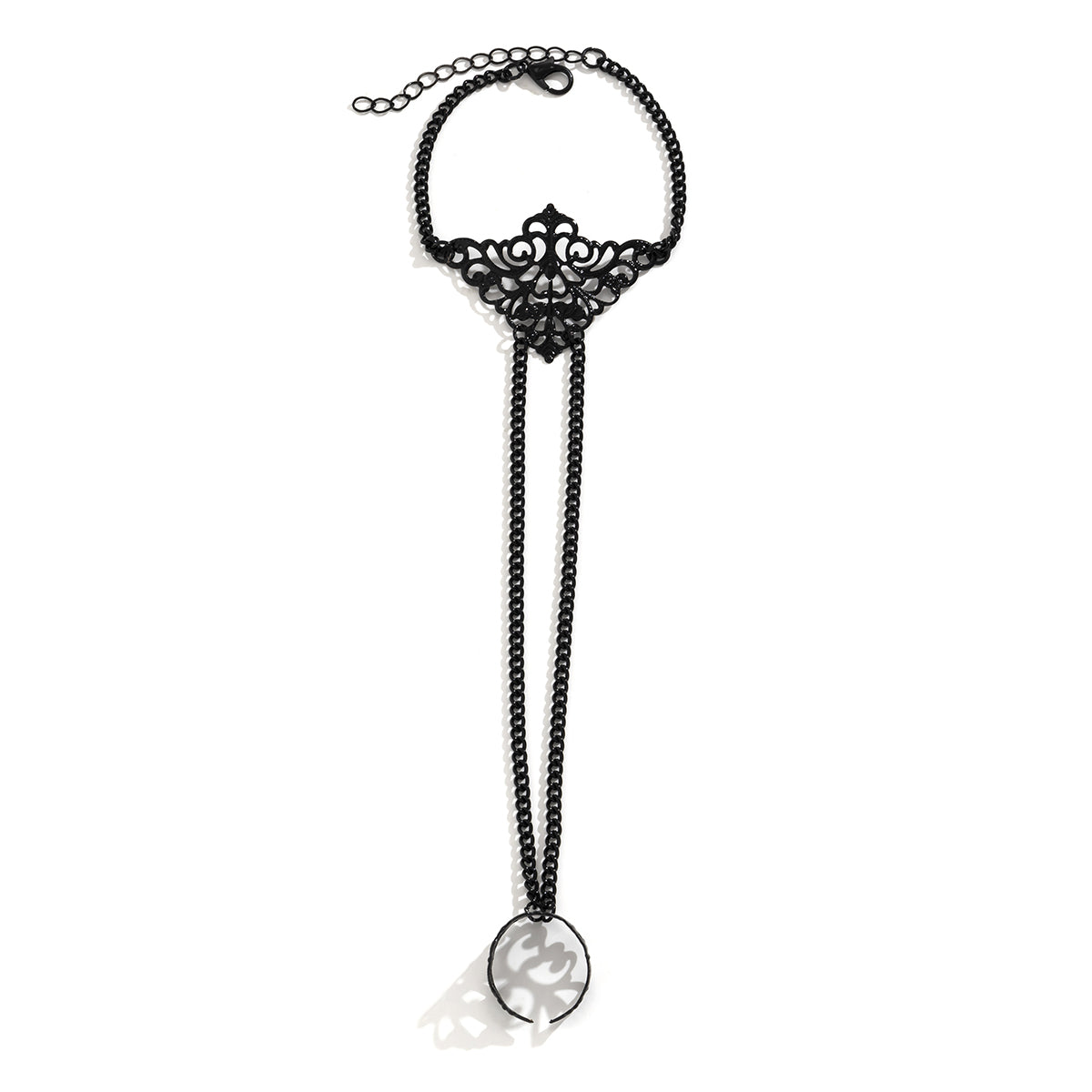 Black-Plated Crown Wrist-To-Ring Bracelet, bracelet for women, dainty minimalist design, styled look