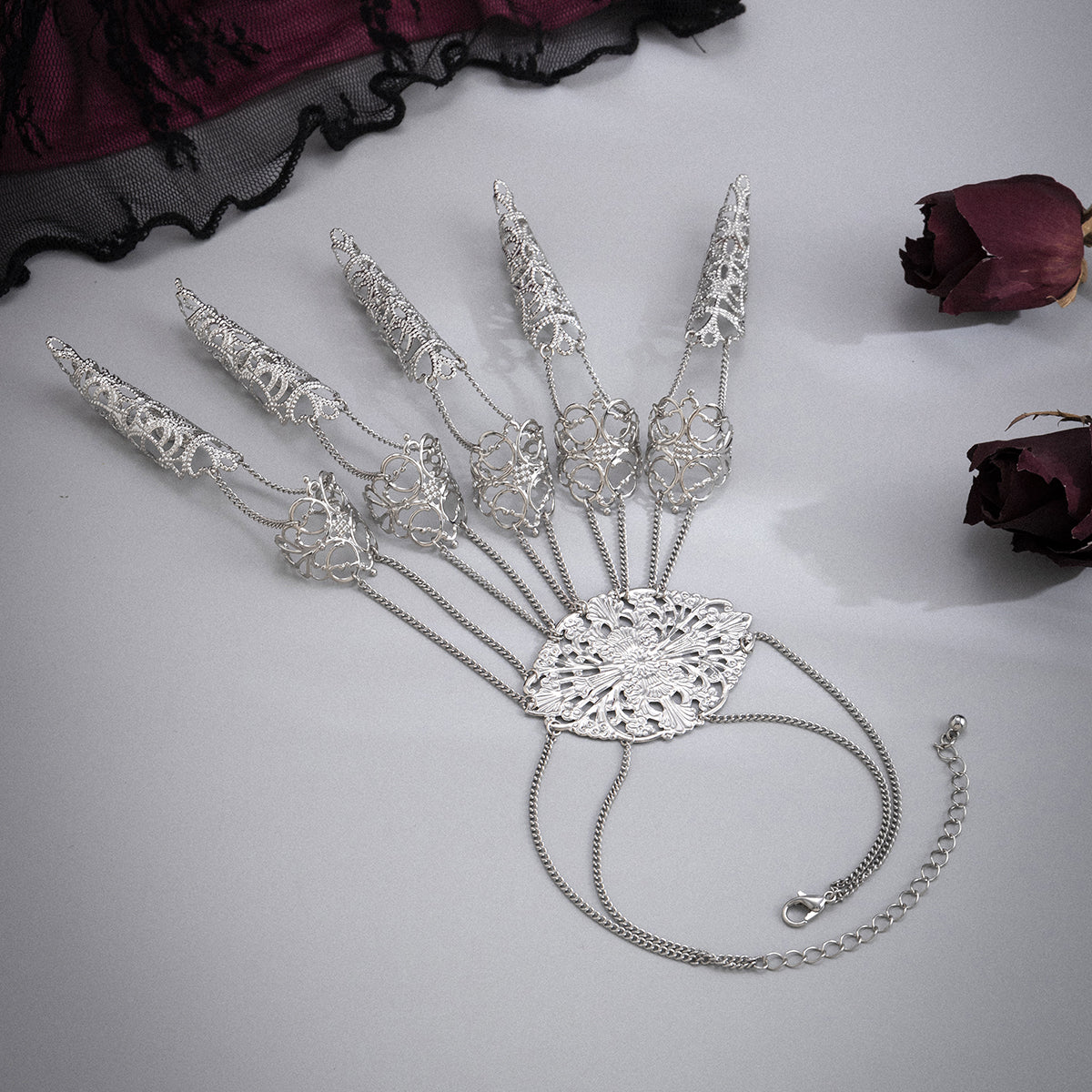 Silver-Plated Filigree Full Hand Wrist-To-Ring Bracelet, silver bracelet for women, vintage-inspired design, styled look