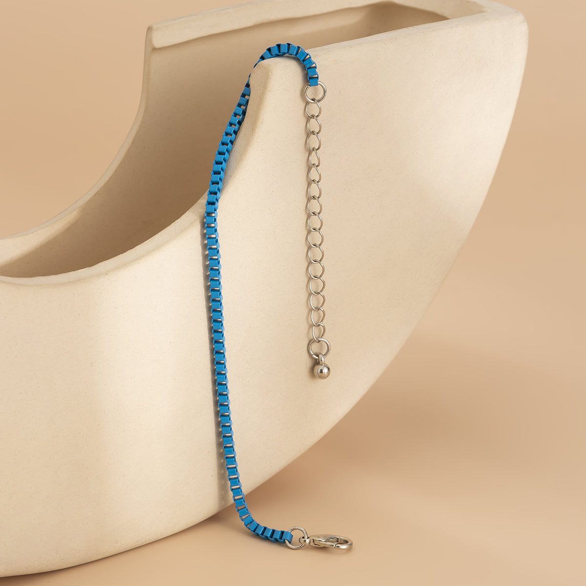 Blue Enamel and Silver-Plated Box Chain Bracelet, silver bracelet for women, botanical inspired, styled look