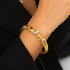 Clear Crystal & 18K Gold-Plated Herringbone Bangle