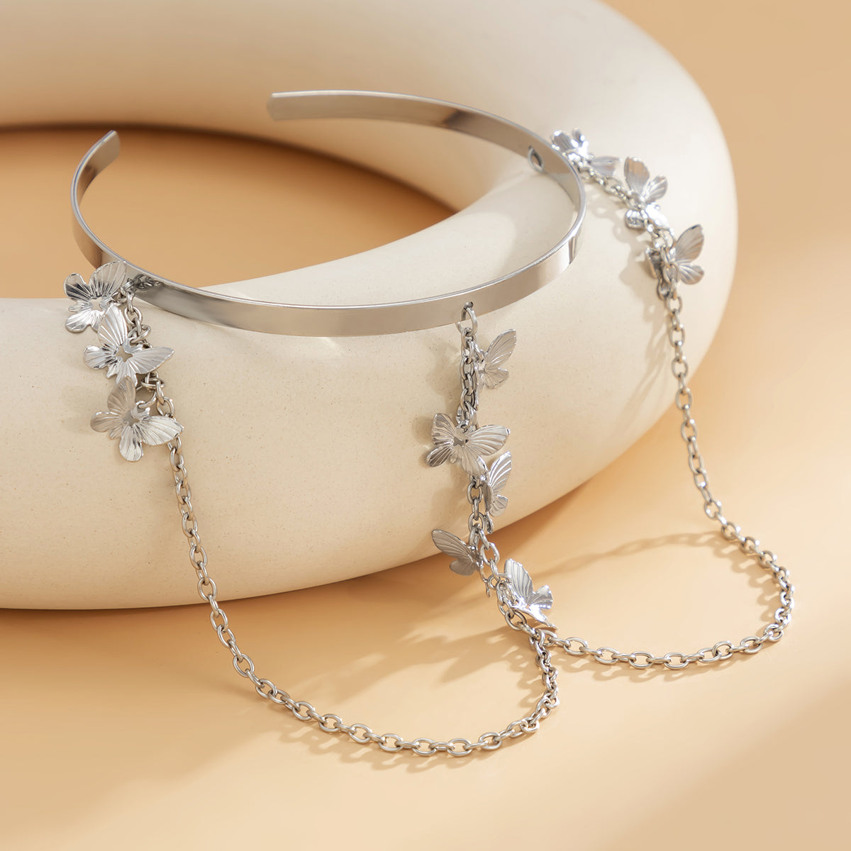 Silver-Plated Butterflies Tassel Arm Cuff, vintage-inspired design, styled look