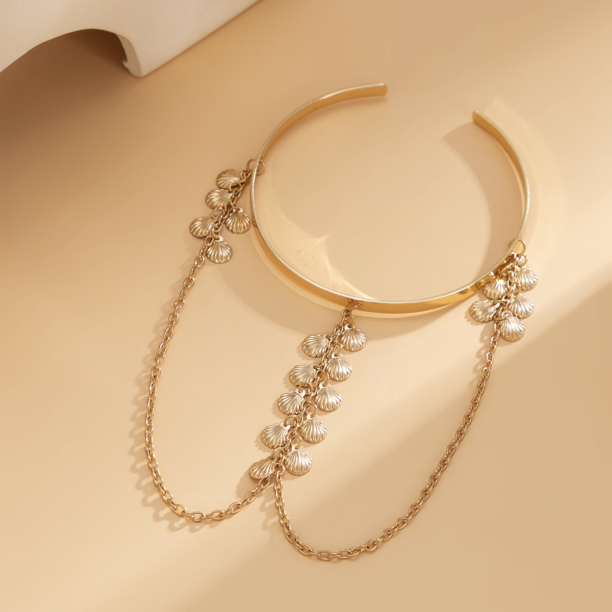 18K Gold-Plated Shell Tassel Arm Cuff, dainty minimalist design, styled look