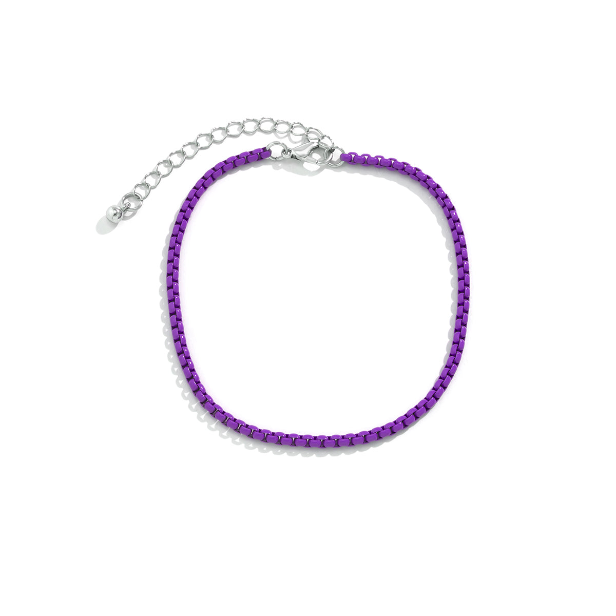 Dark Purple Enamel and Silver-Plated Box Chain Anklet, silver anklet bracelet, everyday style, styled look