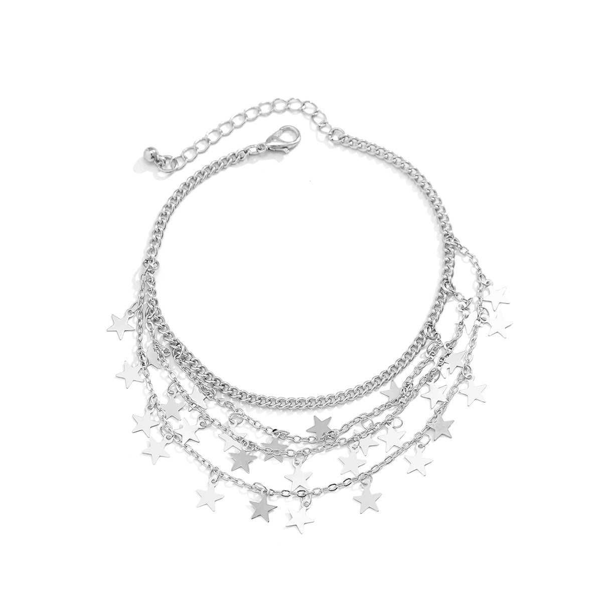 Silver-Plated Star Tassel Layered Anklet, silver anklet bracelet, everyday style, styled look