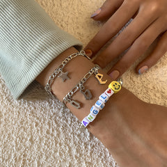 White Acrylic & Silver-Plated 'Love Angel' Beaded Stretch Bracelet Set