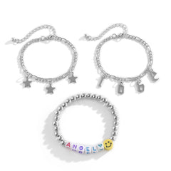 White Acrylic & Silver-Plated 'Love Angel' Beaded Stretch Bracelet Set