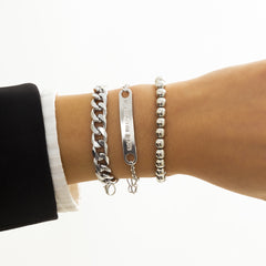 Silver-Plated 'Corazén' ID Curb Chain Beaded Stretch Bracelet Set