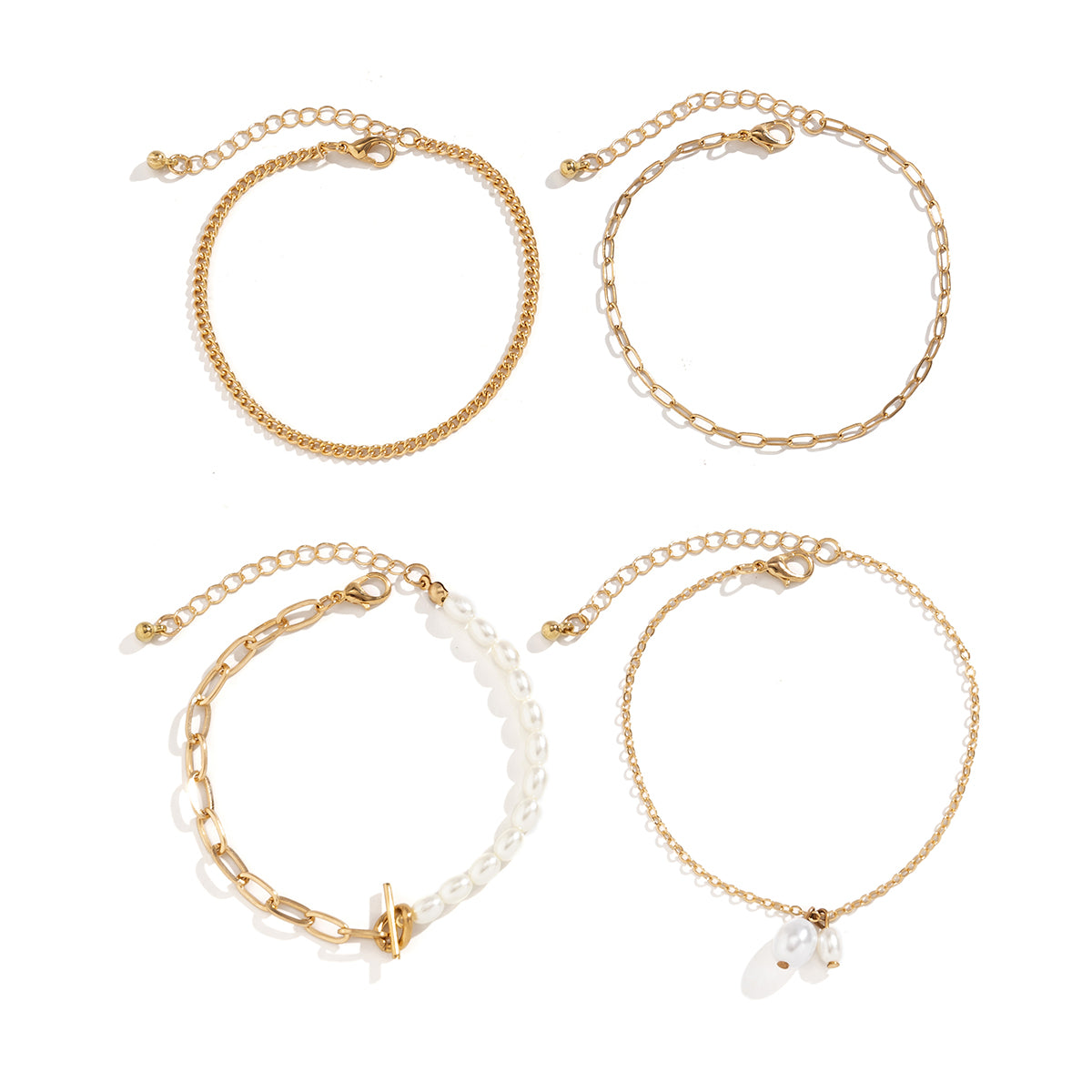 Pearl and 18K Gold-Plated Four-Piece Toggle Anklet Set, jewelry gift sets for women, botanical inspired, styled look