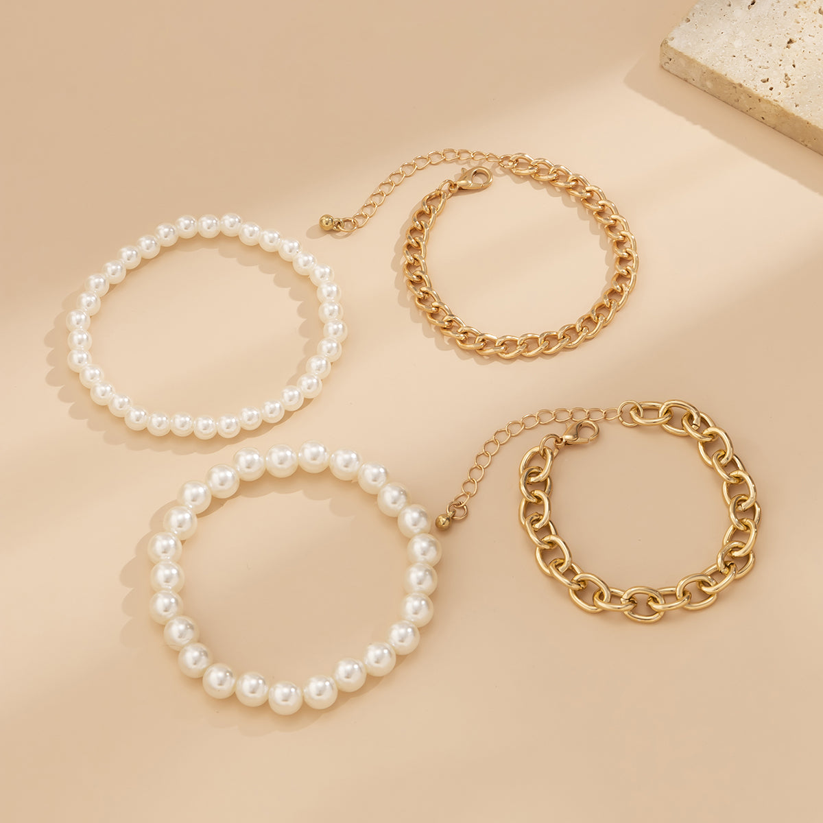 Pearl and 18K Gold-Plated Cable Chain Bracelet Set, jewelry gift sets for women, botanical inspired, styled look