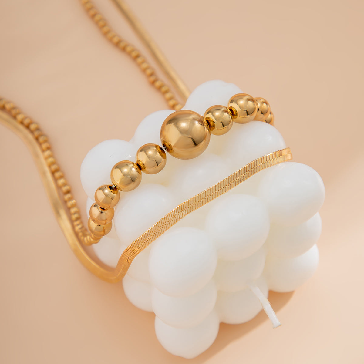 18K Gold-Plated Bead and Herringbone Chain Necklace Set, jewelry gift sets for women, everyday style, styled look