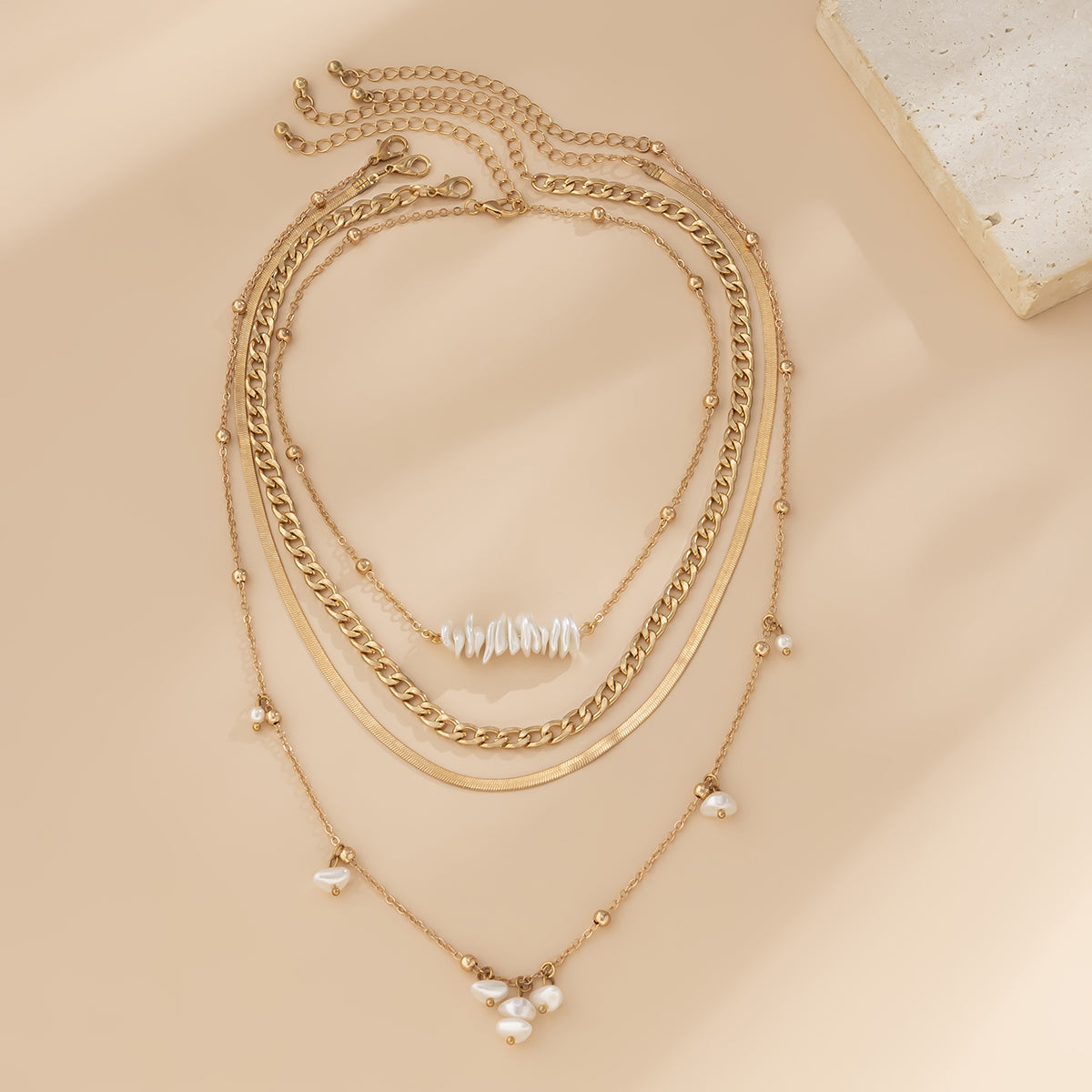 Pearl and 18K Gold-Plated Herringbone Chain Necklace Set, jewelry gift sets for women, everyday style, styled look
